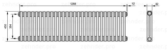 Схема (чертеж) Радиатор Zehnder Charleston 2045/28 №1270 Белый глянцевый RAL 9016